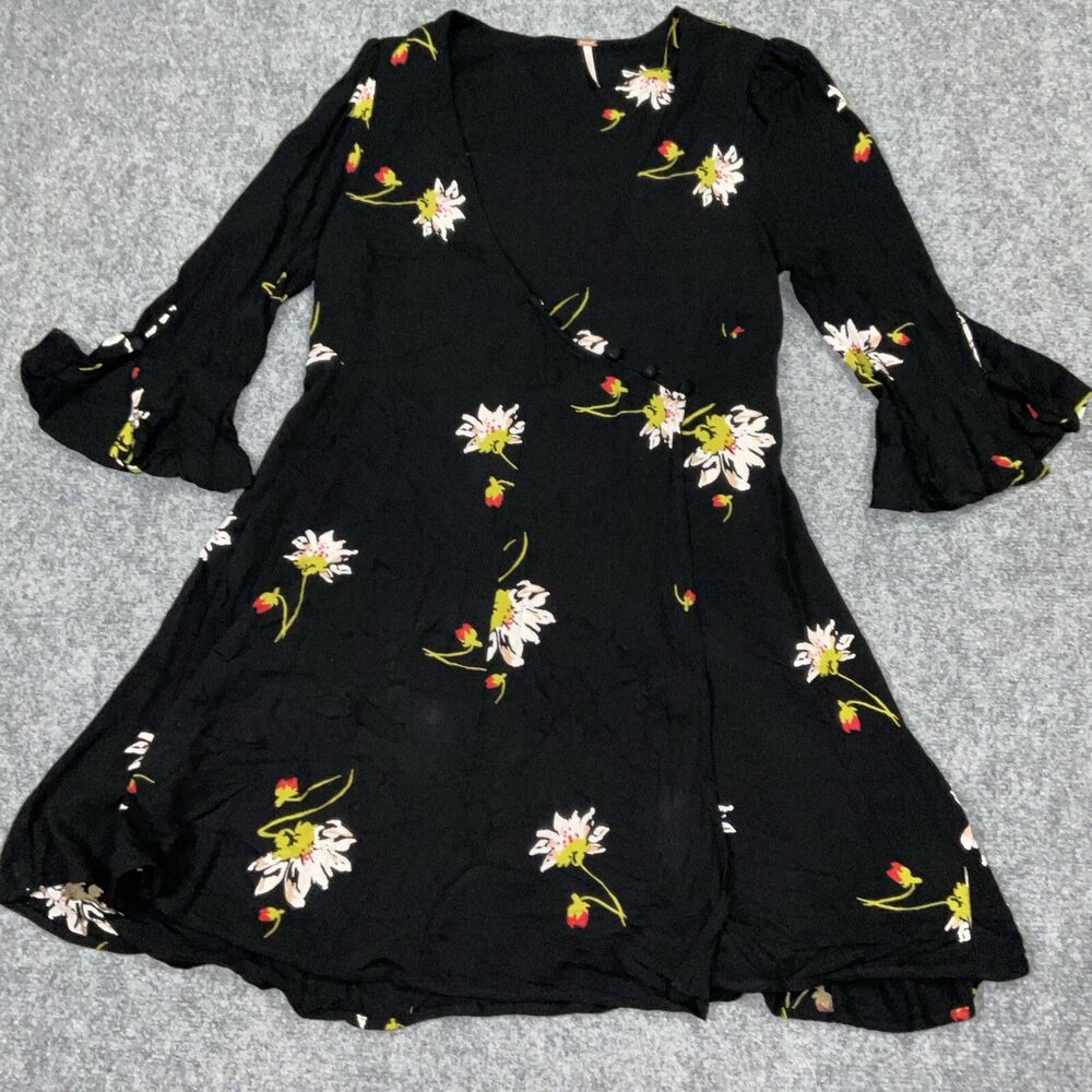 Free People Dress Womens Size M Black Floral Time On My Side Wrap Boho Hippie